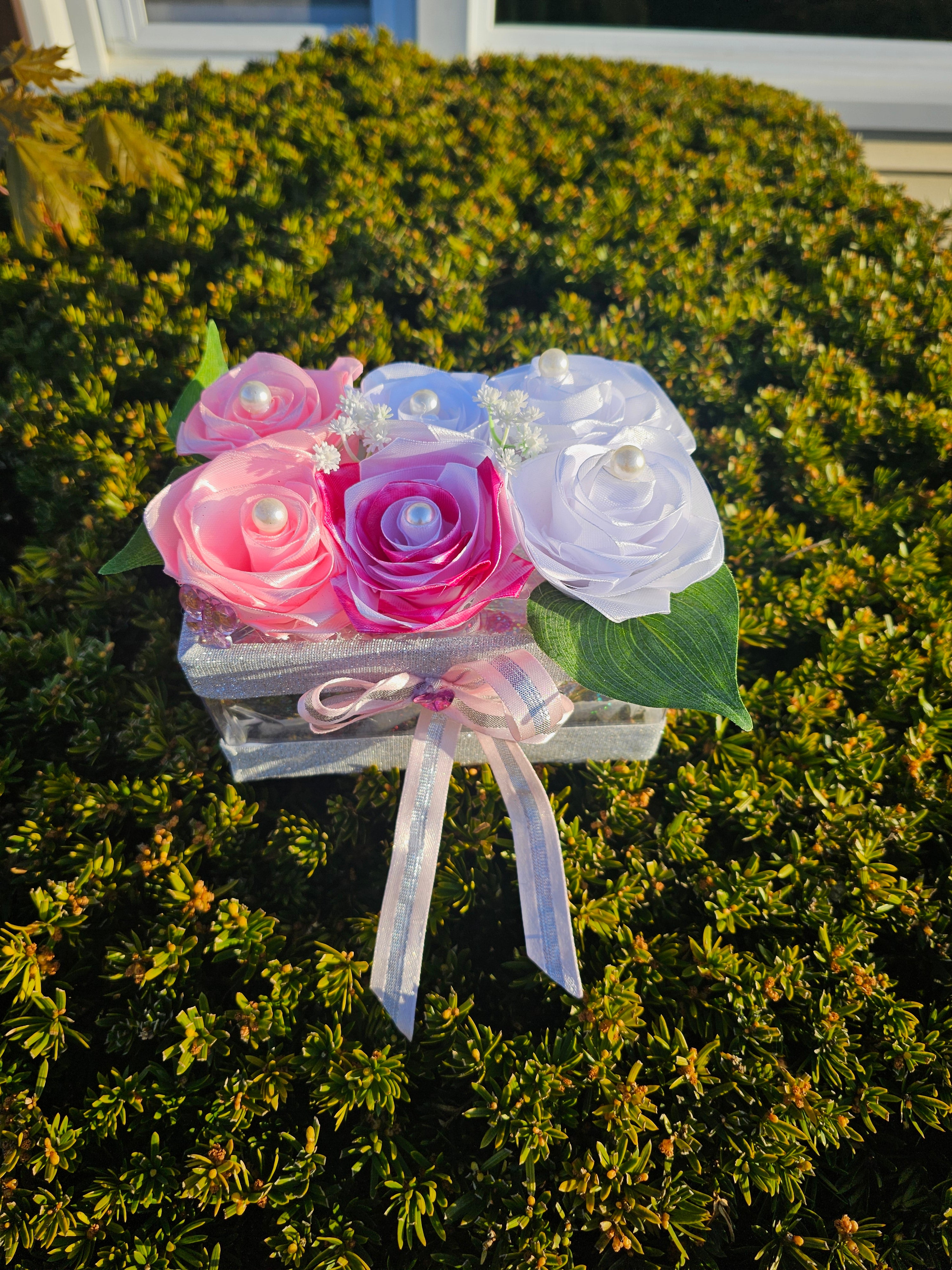 Cute Glitter Pink White Rose Decorative Box