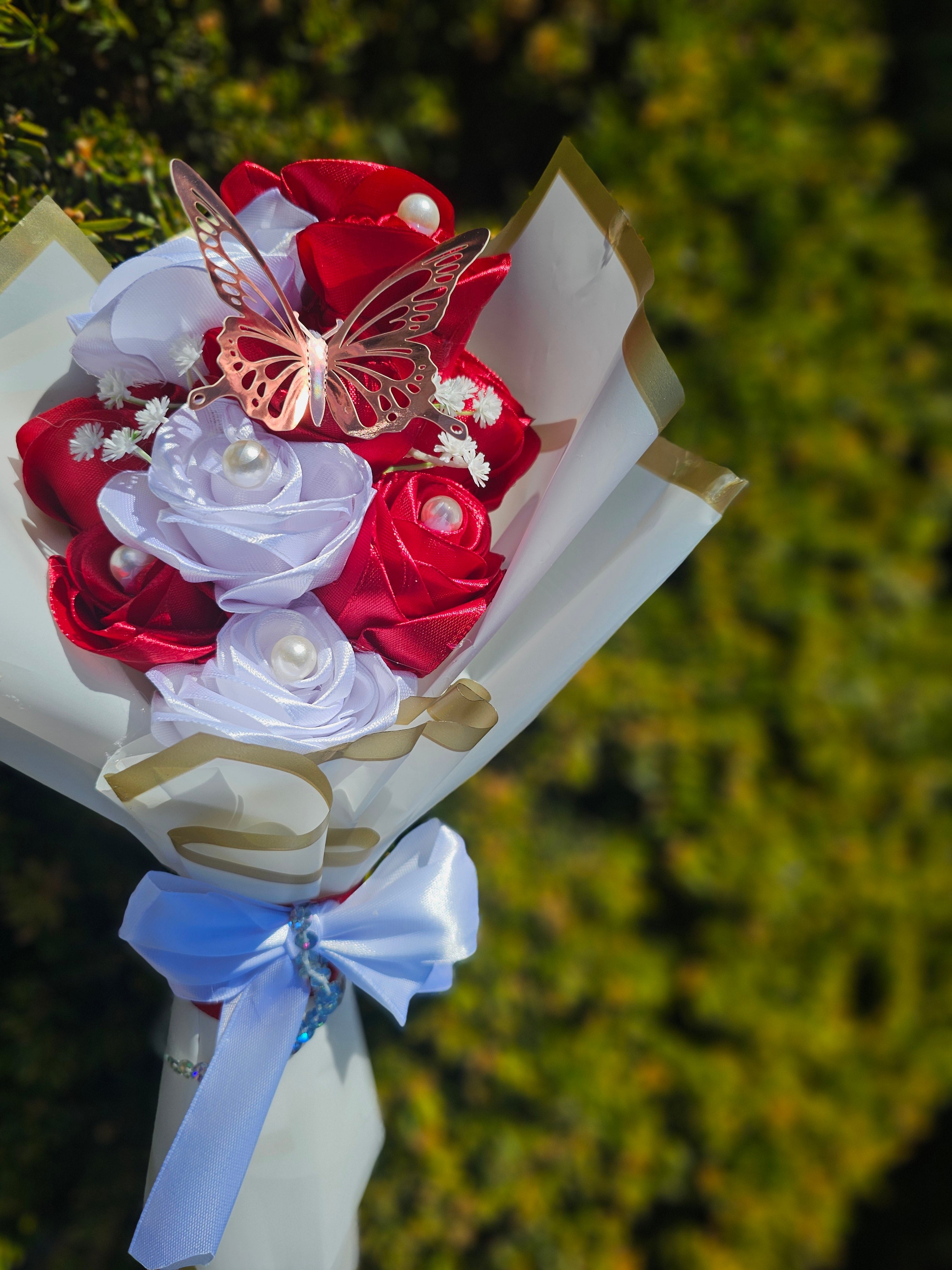 Red & White Satin Rose Bouquet with Gold Butterfly