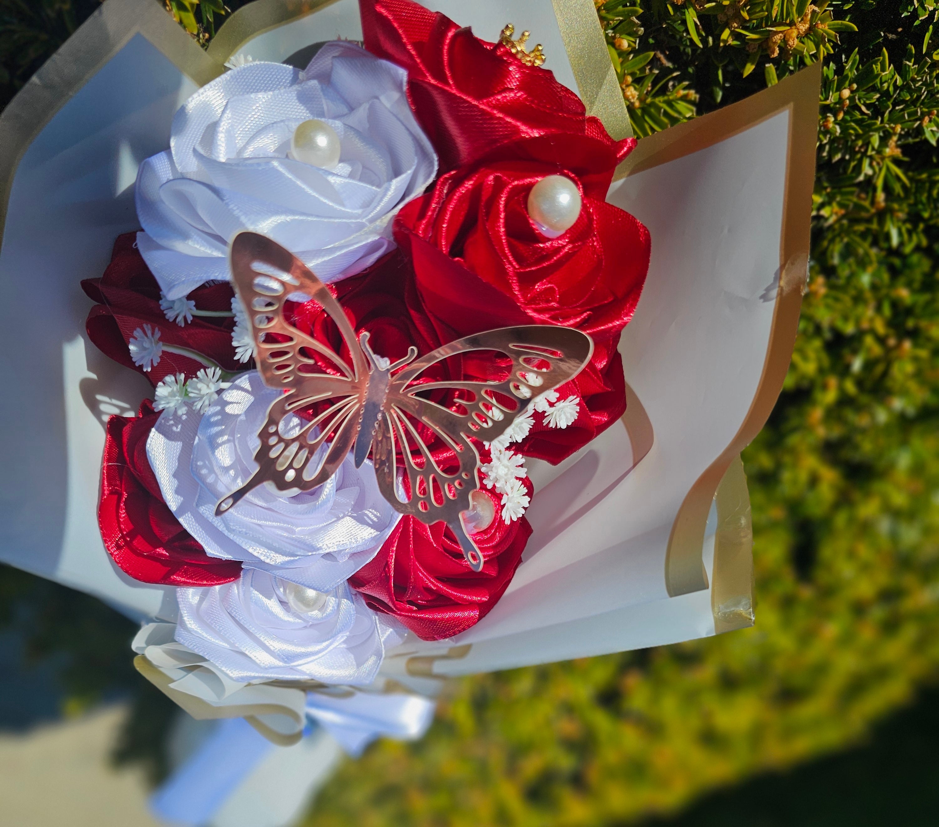 Red & White Satin Rose Bouquet with Gold Butterfly