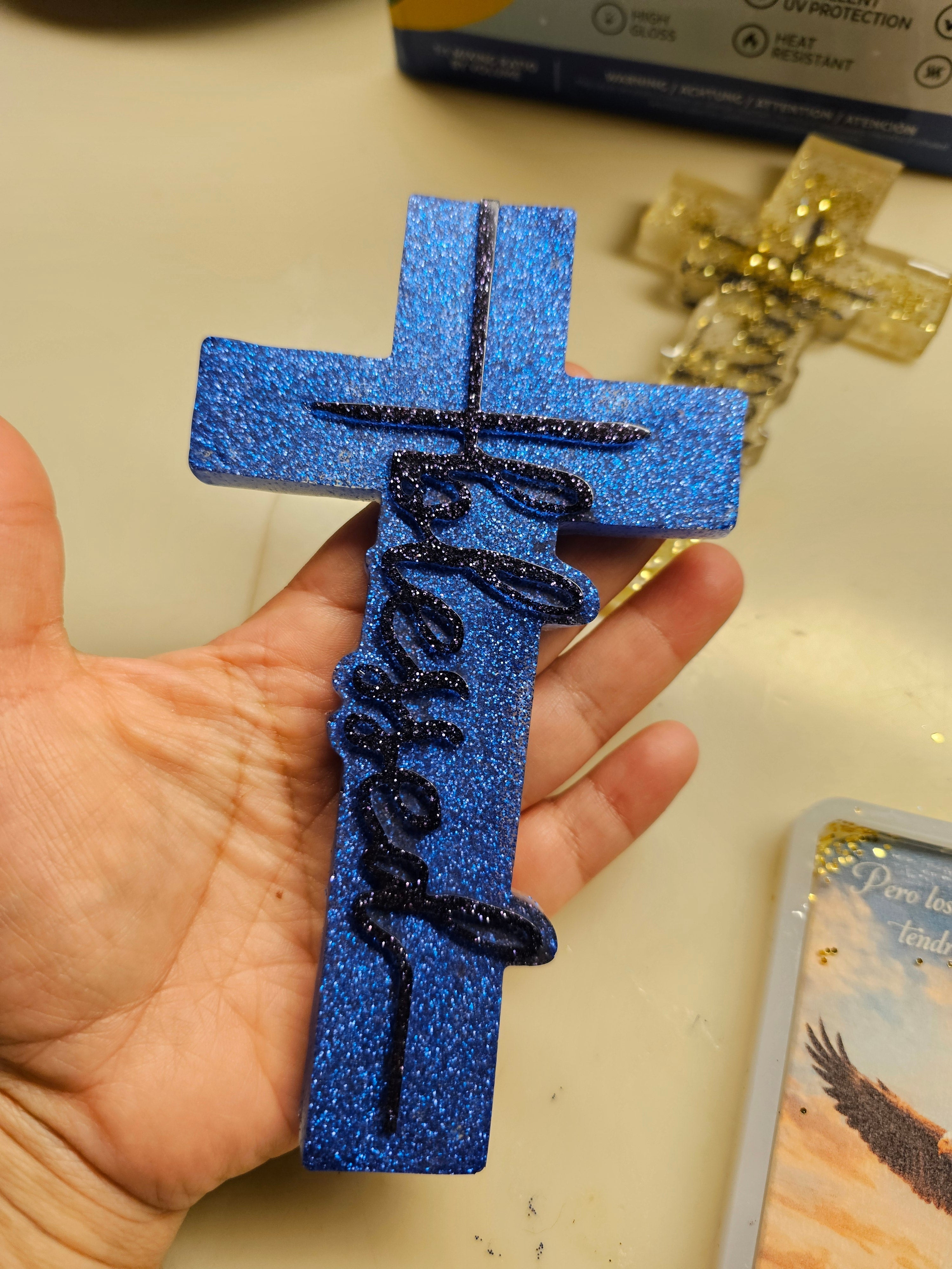 "Faith" Blue Glitter Resin Cross – Handmade Home Decor
